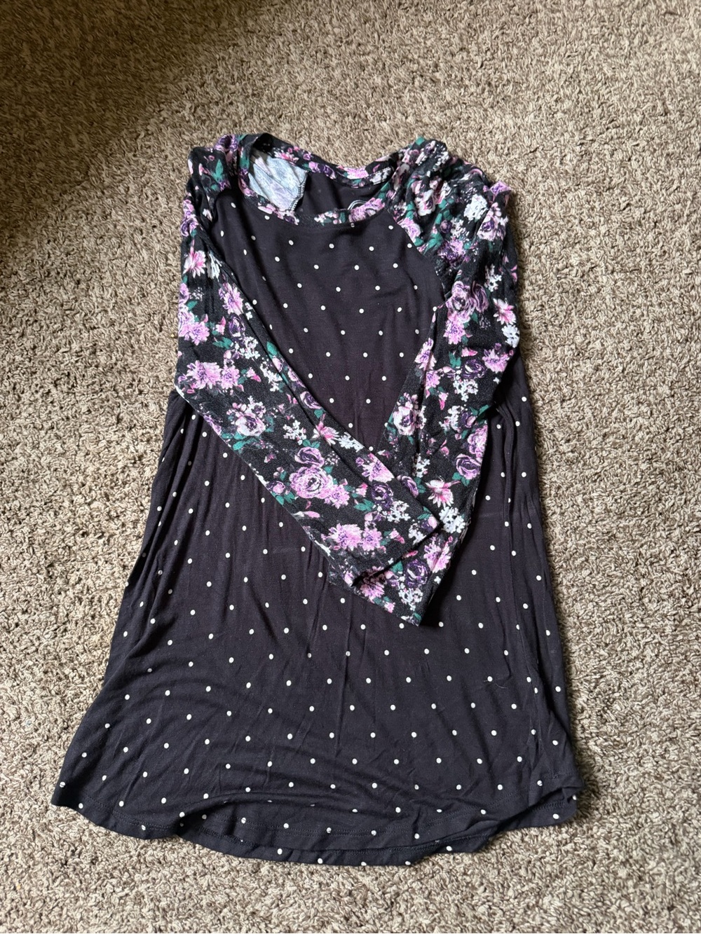 Maurices Black Long Sleeve Top with Purple Floral Raglan Sleeves